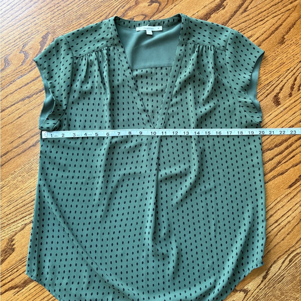 fun 2 fun Green V-Neck Dot Cap-Sleeve Blouse - Picture 7 of 7